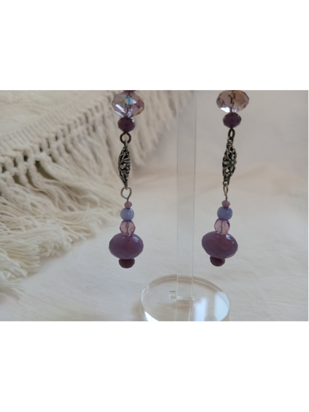 Slender Purple crystal Beaded Dangle Earrings long silver colorful coquette vibe - Picture 4 of 7